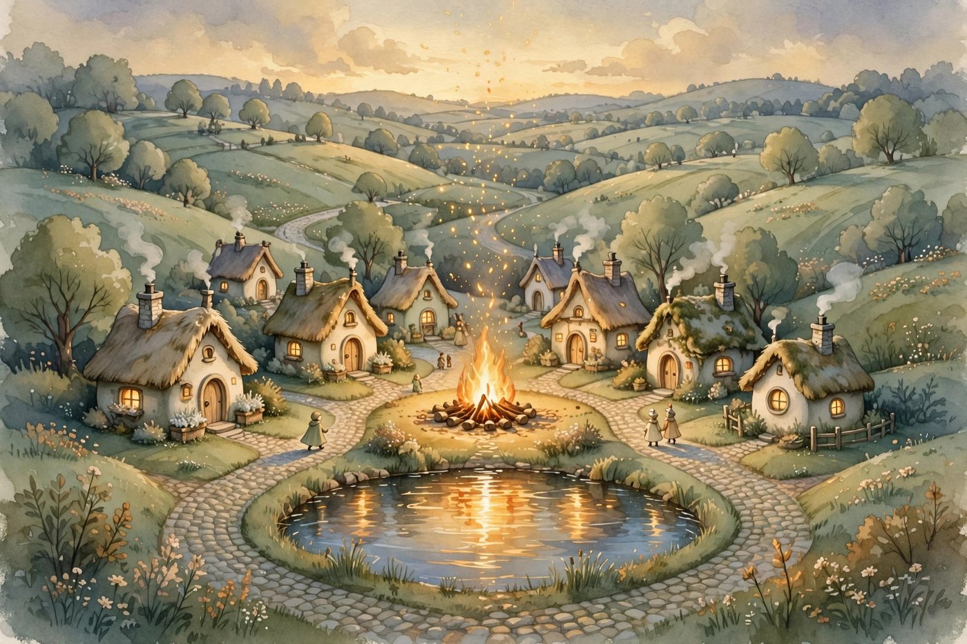 A painted storybook village at dusk, cottages around a bonfire by a pond